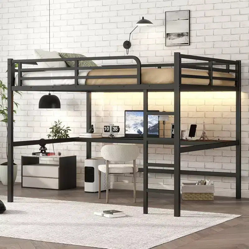 Lit mezzanine en métal double XL avec prise de courant et éclairage LED, peu encombrant, réduction du bruit, noir