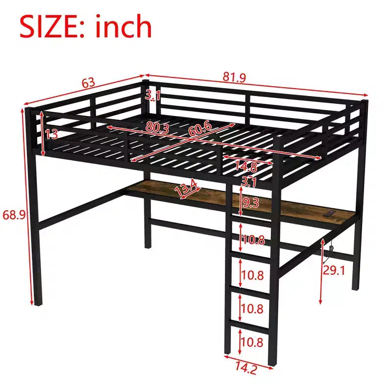 Lit mezzanine en métal double XL avec prise de courant et éclairage LED, peu encombrant, réduction du bruit, noir