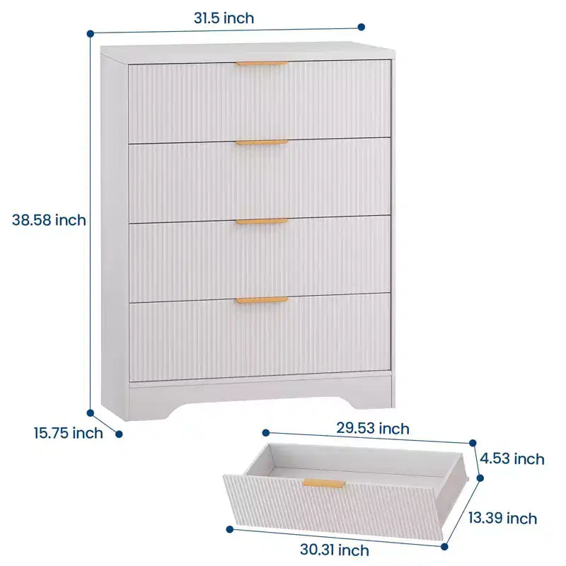 Commode 4 tiroirs pour chambre à coucher, commode en bois de 80 cm de large avec poignées dorées, organisateur de rangement, commode de placard pour chambre à coucher ou couloir