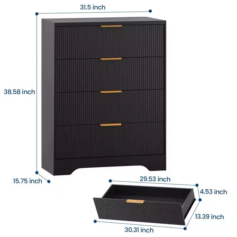 Commode 4 tiroirs pour chambre à coucher, commode en bois de 80 cm de large avec poignées dorées, organisateur de rangement, commode de placard pour chambre à coucher ou couloir