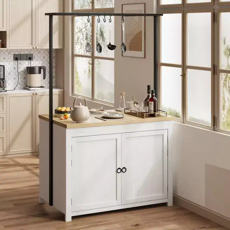 Coolmee Îlot de cuisine mobile avec rangement 42 - Chariot de cuisine robuste avec étagères à 2 niveaux et 5 crochets, comptoir en bois pour petits espaces