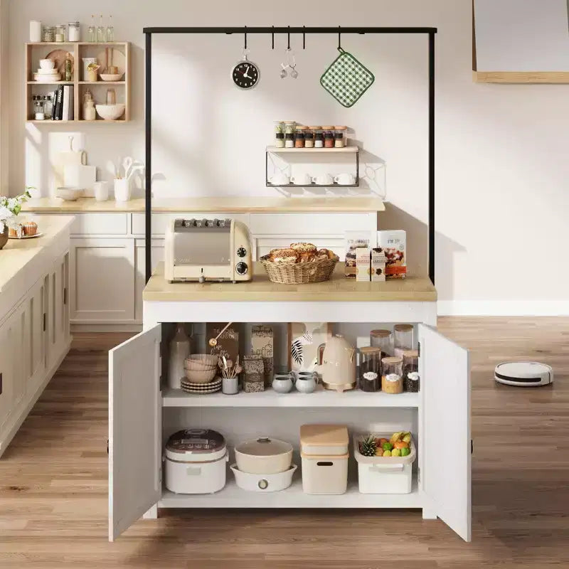 Coolmee Îlot de cuisine mobile avec rangement 42 - Chariot de cuisine robuste avec étagères à 2 niveaux et 5 crochets, comptoir en bois pour petits espaces