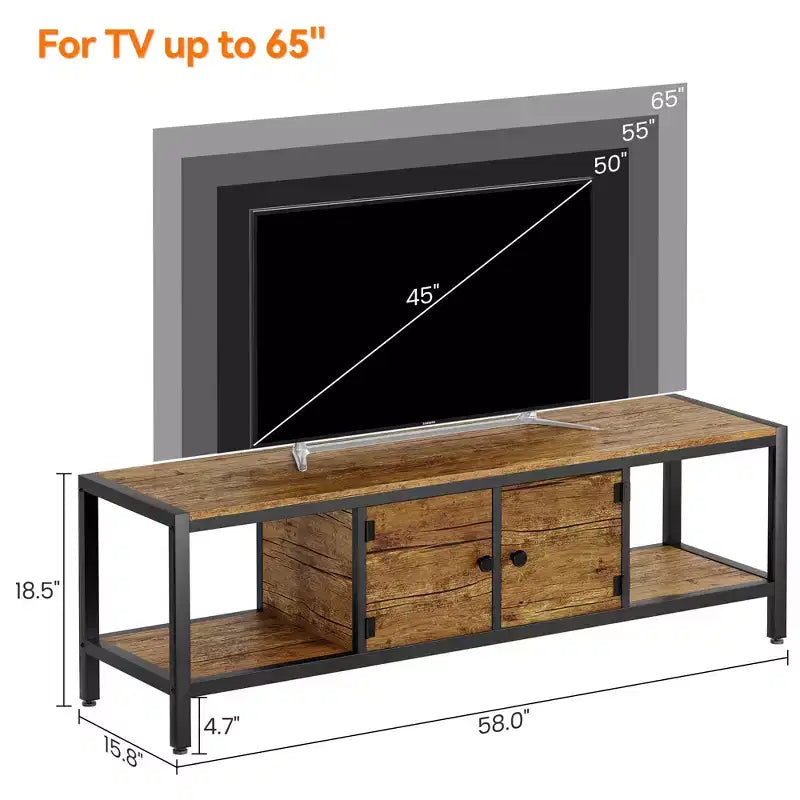 Meuble TV, Meuble TV rustique avec 2 espaces de rangement fermés et compartiment ouvert, Table de meuble TV en bois avec pieds réglables, Centre de divertissement multimédia