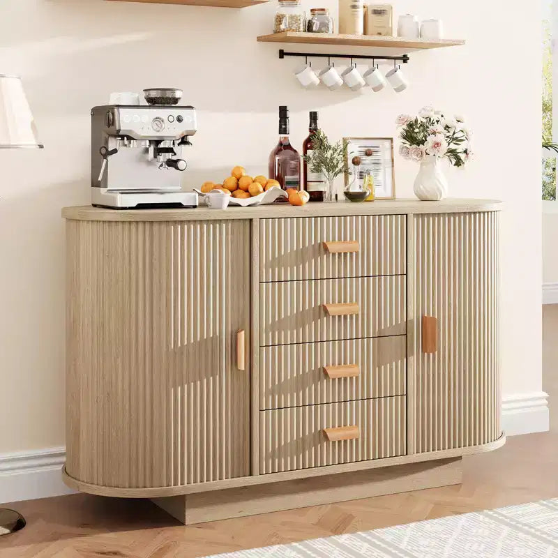 Meuble buffet, bar à café multifonctionnel cannelé de 120 cm avec 4 tiroirs et portes coulissantes - Bahut moderne en chêne