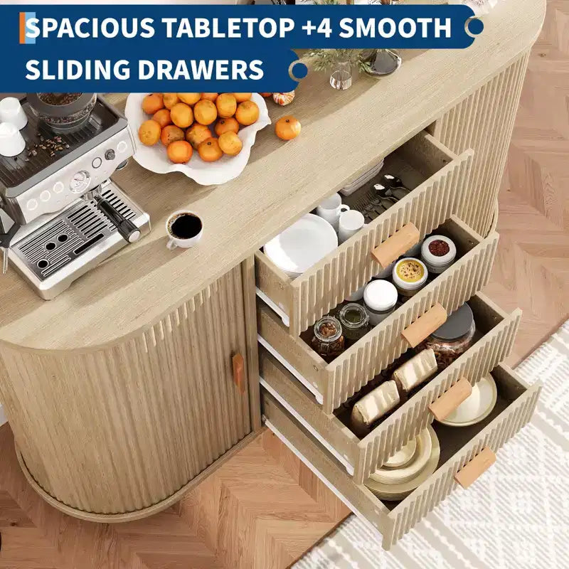 Meuble buffet, bar à café multifonctionnel cannelé de 120 cm avec 4 tiroirs et portes coulissantes - Bahut moderne en chêne