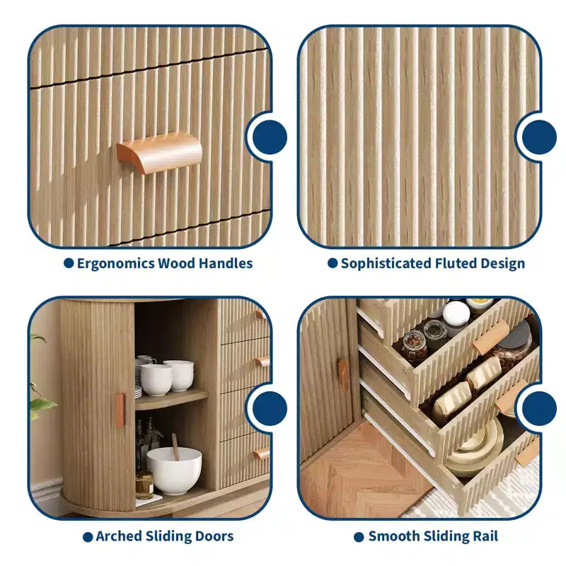 Meuble buffet, bar à café multifonctionnel cannelé de 120 cm avec 4 tiroirs et portes coulissantes - Bahut moderne en chêne
