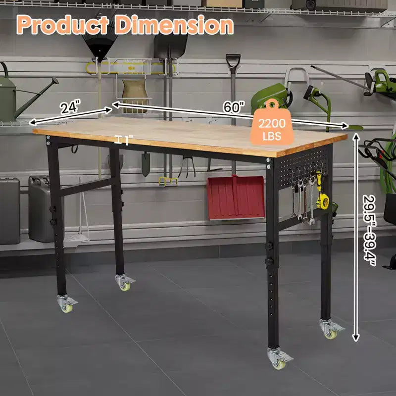 Établi, table robuste réglable 48 po, capacité de 2000 lb avec balance - cadre en acier et bois d'hévéa pour garage et réparation automobile