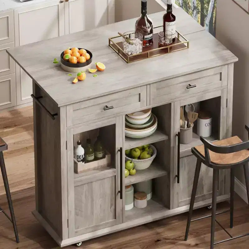 Îlot de cuisine roulant Coolmee avec abattant, desserte à roulettes avec rangement, chariot de micro-ondes sur roulettes, desserte de bar de table pour cuisine avec porte-serviettes