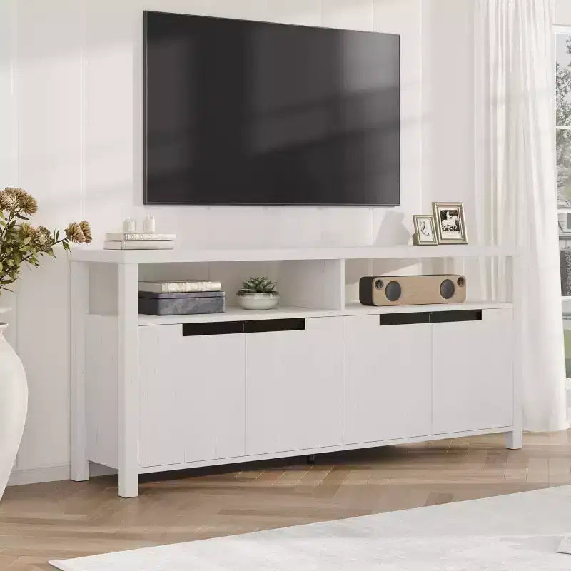 Meuble TV de ferme pour téléviseurs jusqu'à 70 pouces, meuble TV de 160 cm de long avec 4 portes et étagère ouverte, consoles multimédia rustiques