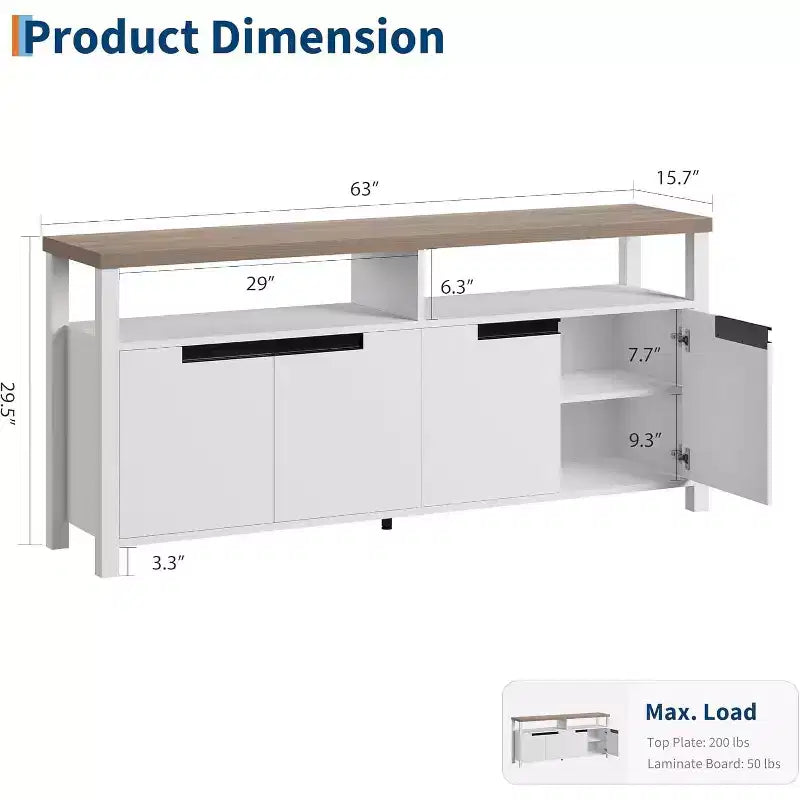 Meuble TV de ferme pour téléviseurs jusqu'à 70 pouces, meuble TV de 160 cm de long avec 4 portes et étagère ouverte, consoles multimédia rustiques