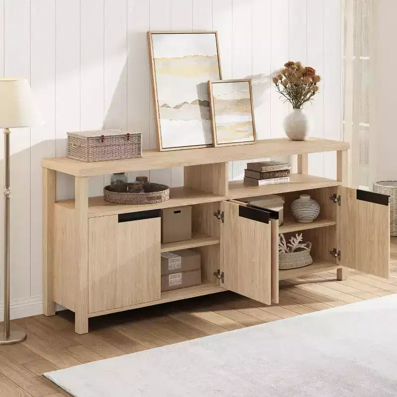Meuble TV de ferme pour téléviseurs jusqu'à 70 pouces, meuble TV de 160 cm de long avec 4 portes et étagère ouverte, consoles multimédia rustiques