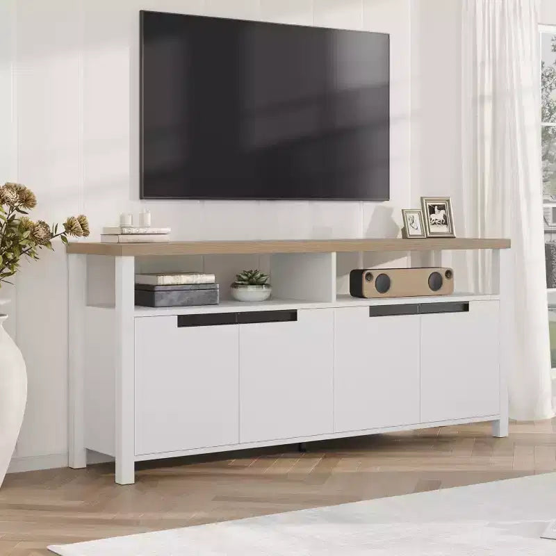 Meuble TV de ferme pour téléviseurs jusqu'à 70 pouces, meuble TV de 160 cm de long avec 4 portes et étagère ouverte, consoles multimédia rustiques