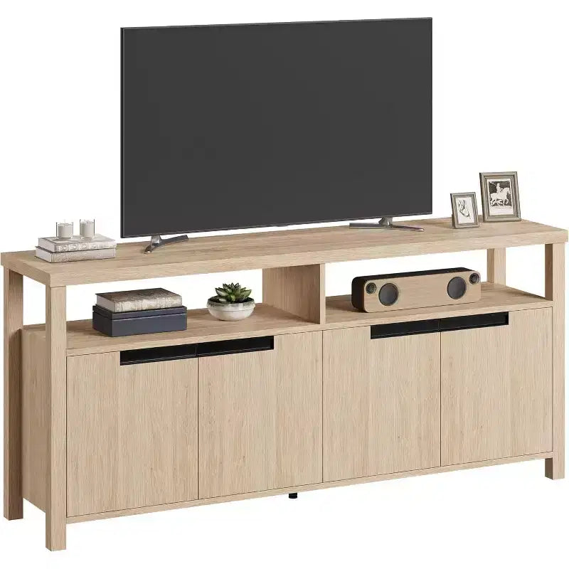 Meuble TV de ferme pour téléviseurs jusqu'à 70 pouces, meuble TV de 160 cm de long avec 4 portes et étagère ouverte, consoles multimédia rustiques