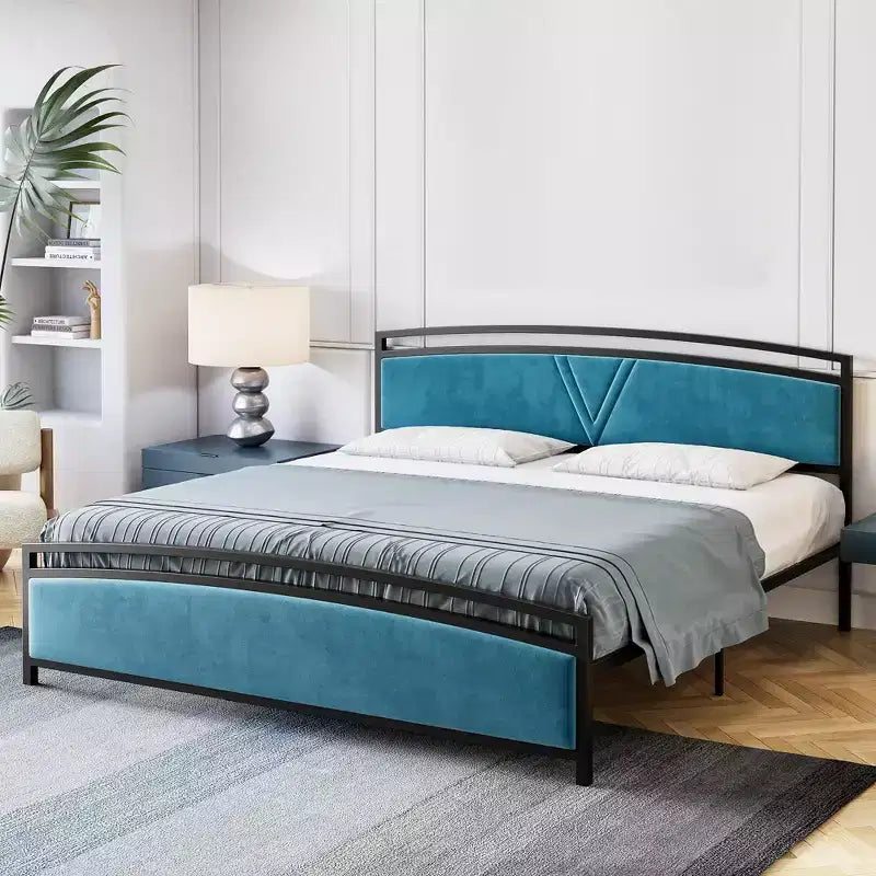 Cadre de lit, Cadre de lit rembourré en velours avec tête et pied de lit en arc, Lit plateforme moderne avec tête de lit réglable