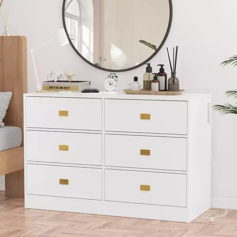 Commode à langer GustoWave pour chambre d'enfant, commode bébé 6 tiroirs avec dispositif anti-basculement, plateau imperméable