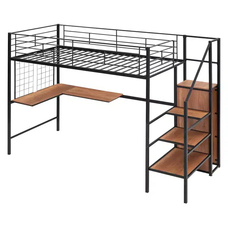 Lit mezzanine en métal avec bureau et grille métallique, lit élégant avec cadre en métal, échelle de rangement latérale et armoire