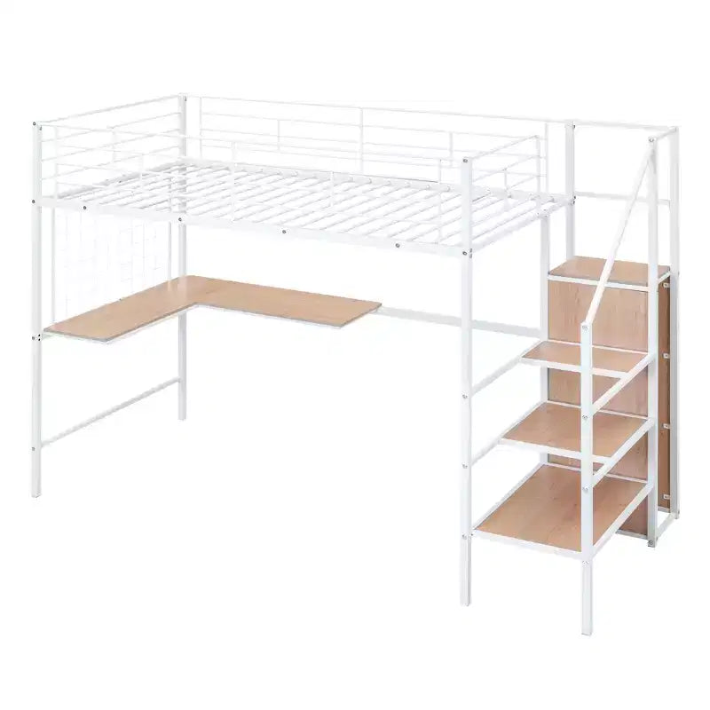 Lit mezzanine en métal avec bureau et grille métallique, lit élégant avec cadre en métal, échelle de rangement latérale et armoire