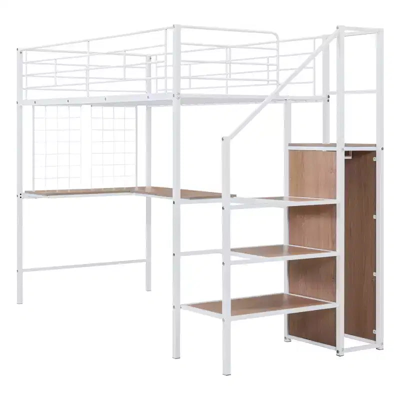 Lit mezzanine en métal avec bureau et grille métallique, lit élégant avec cadre en métal, échelle de rangement latérale et armoire