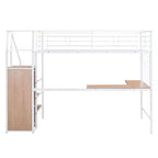Lit mezzanine en métal avec bureau et grille métallique, lit élégant avec cadre en métal, échelle de rangement latérale et armoire