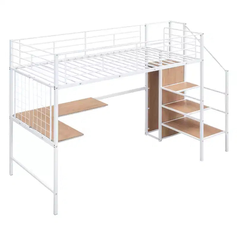 Lit mezzanine en métal avec bureau et grille métallique, lit élégant avec cadre en métal, échelle de rangement latérale et armoire