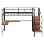 Lit mezzanine en métal avec bureau et grille métallique, lit élégant avec cadre en métal, échelle de rangement latérale et armoire
