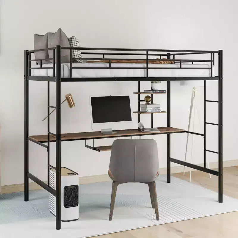 Lit mezzanine en métal avec bureau intégré et étagère de rangement, lit mezzanine haut avec tablette coulissante pour clavier pour enfants garçons filles adolescents
