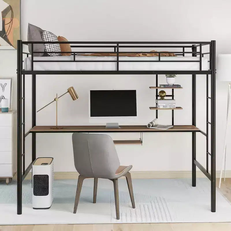 Lit mezzanine en métal avec bureau intégré et étagère de rangement, lit mezzanine haut avec tablette coulissante pour clavier pour enfants garçons filles adolescents