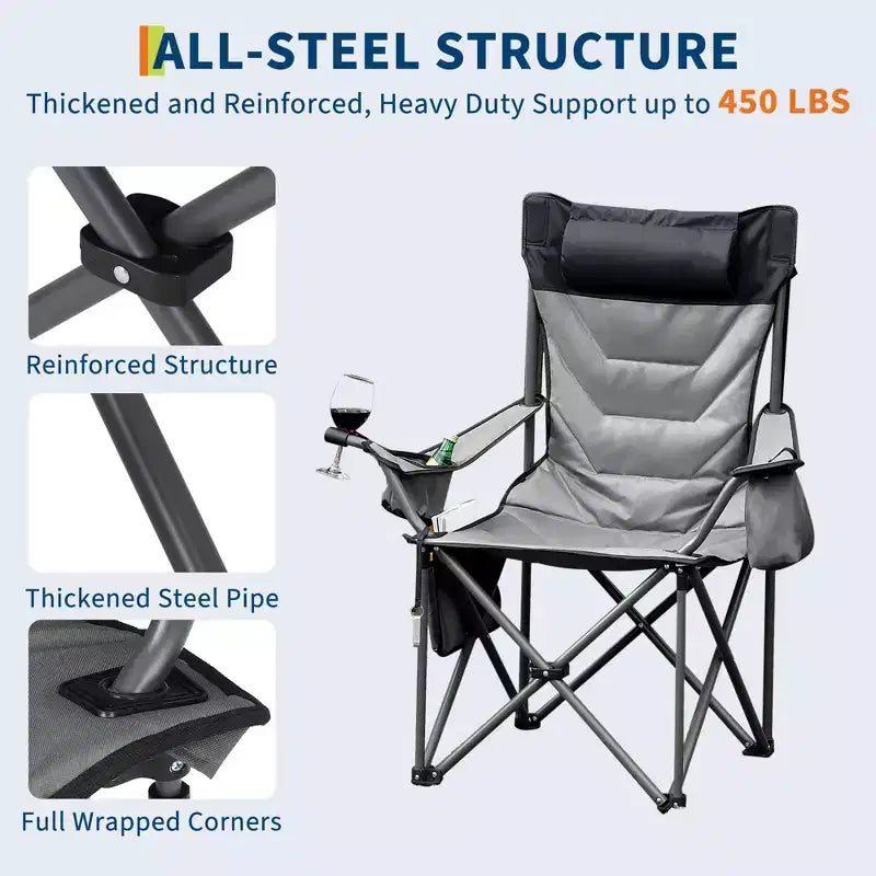 Chaise de camping pliante surdimensionnée, chaise portable rembourrée d'extérieur avec porte-gobelet, capacité de 204 kg