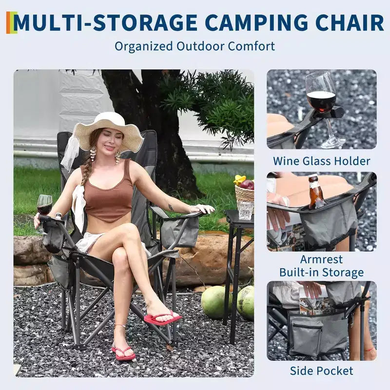 Chaise de camping pliante surdimensionnée, chaise portable rembourrée d'extérieur avec porte-gobelet, capacité de 204 kg