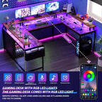 Bureau d'angle en U de 200 cm pour gamer, bureau d'ordinateur réversible en forme de L avec prises de courant, lumières LED, support d'écran et étagères de rangement