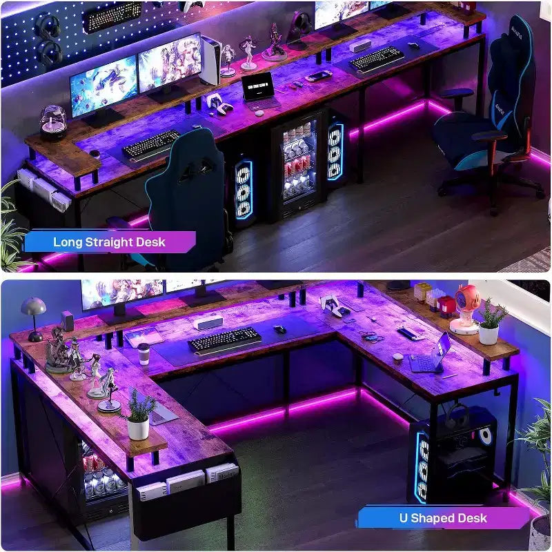 Bureau d'angle en U de 200 cm pour gamer, bureau d'ordinateur réversible en forme de L avec prises de courant, lumières LED, support d'écran et étagères de rangement