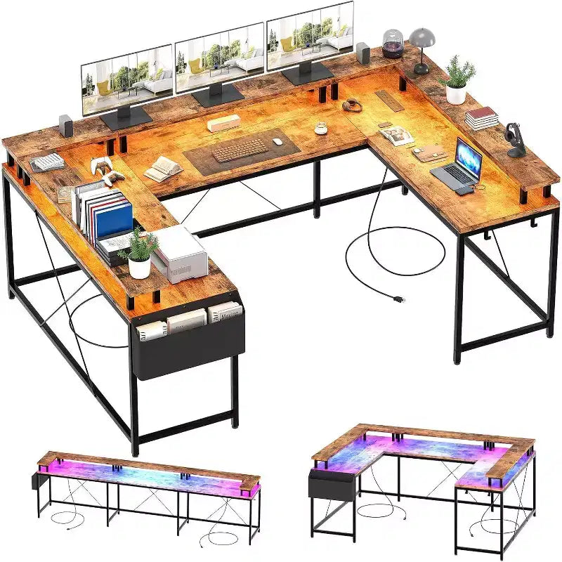 Bureau d'angle en U de 200 cm pour gamer, bureau d'ordinateur réversible en forme de L avec prises de courant, lumières LED, support d'écran et étagères de rangement