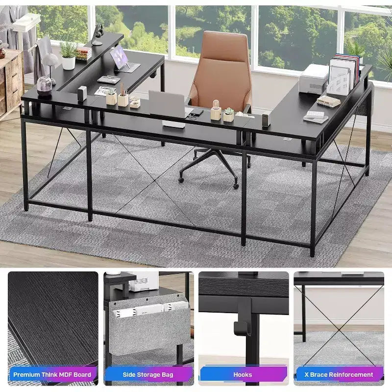 Bureau d'angle en U de 200 cm pour gamer, bureau d'ordinateur réversible en forme de L avec prises de courant, lumières LED, support d'écran et étagères de rangement