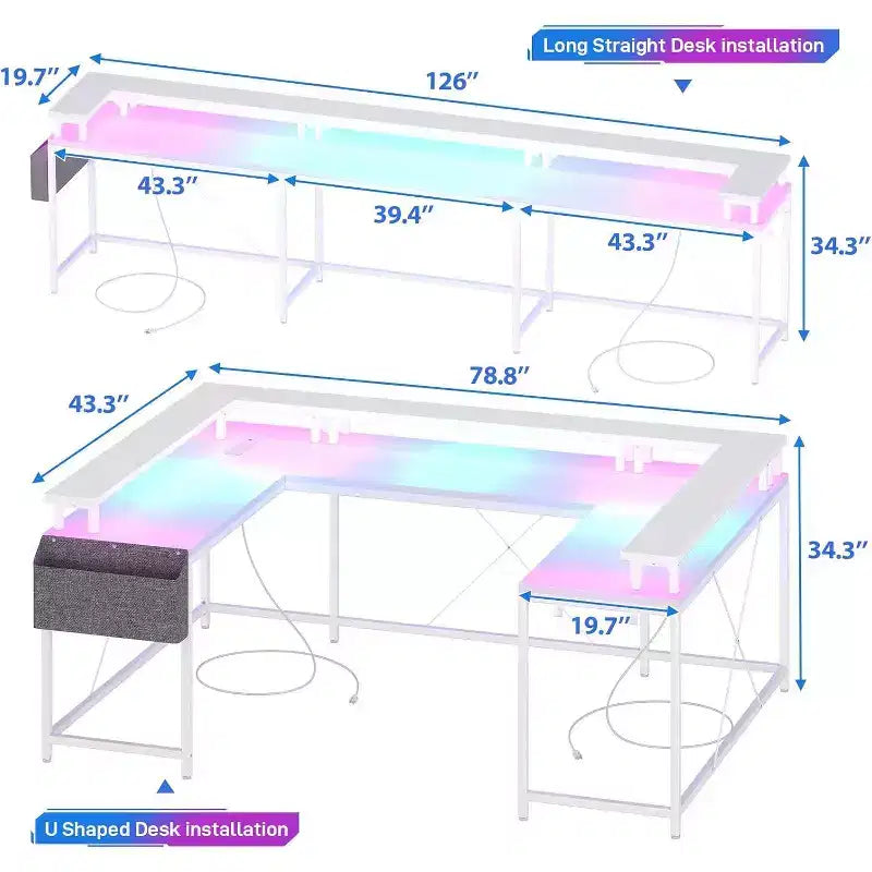 Bureau d'angle en U de 200 cm pour gamer, bureau d'ordinateur réversible en forme de L avec prises de courant, lumières LED, support d'écran et étagères de rangement