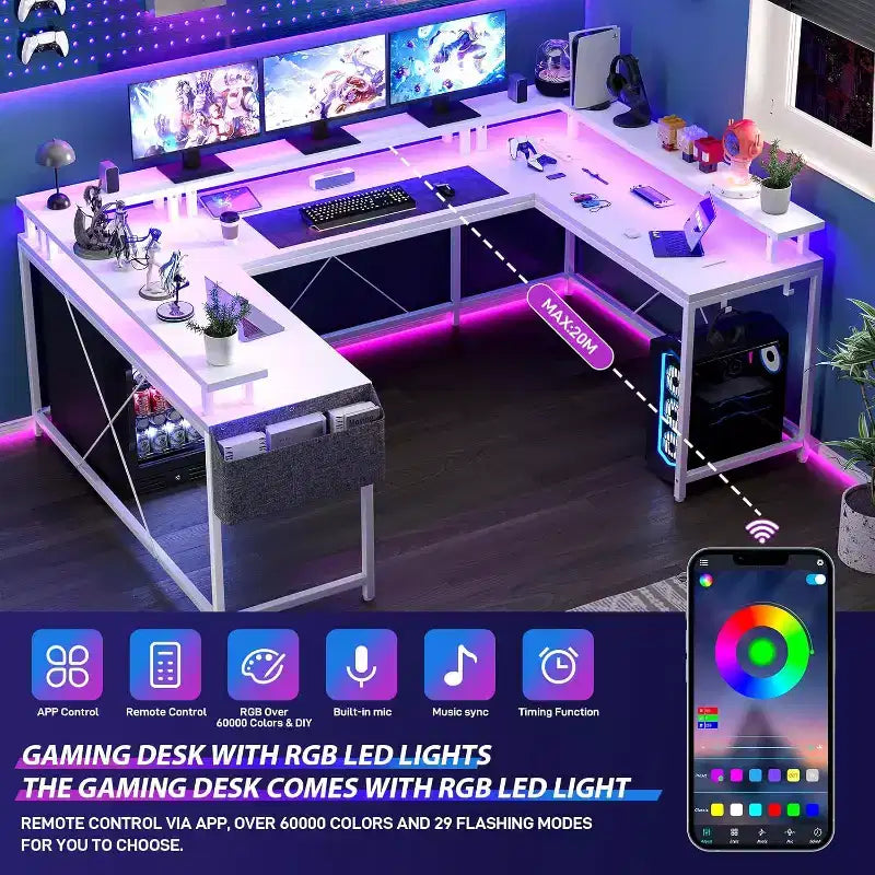 Bureau d'angle en U de 200 cm pour gamer, bureau d'ordinateur réversible en forme de L avec prises de courant, lumières LED, support d'écran et étagères de rangement