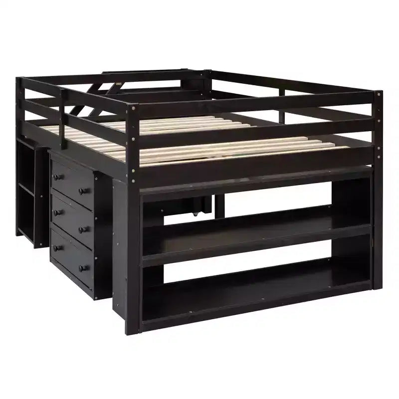 Lit mezzanine double avec bureau rétractable et 3 tiroirs, lit mezzanine en bois avec escalier de rangement et étagères