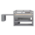 Lit mezzanine double avec bureau rétractable et 3 tiroirs, lit mezzanine en bois avec escalier de rangement et étagères