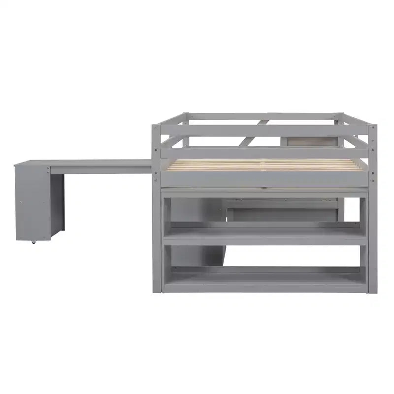 Lit mezzanine double avec bureau rétractable et 3 tiroirs, lit mezzanine en bois avec escalier de rangement et étagères