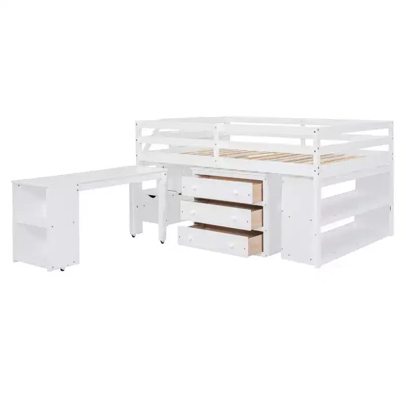 Lit mezzanine double avec bureau rétractable et 3 tiroirs, lit mezzanine en bois avec escalier de rangement et étagères