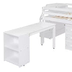 Lit mezzanine double avec bureau rétractable et 3 tiroirs, lit mezzanine en bois avec escalier de rangement et étagères