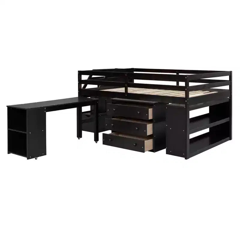 Lit mezzanine double avec bureau rétractable et 3 tiroirs, lit mezzanine en bois avec escalier de rangement et étagères