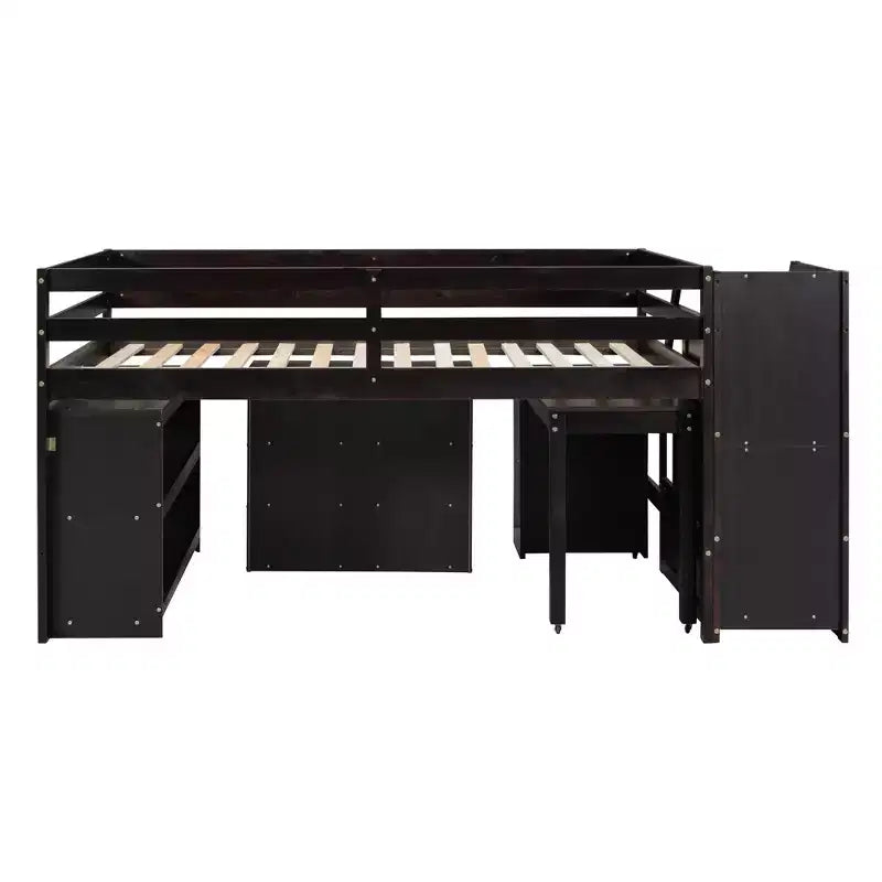 Lit mezzanine double avec bureau rétractable et 3 tiroirs, lit mezzanine en bois avec escalier de rangement et étagères