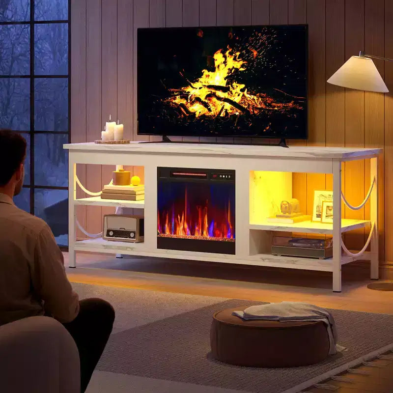 Pinmoco 55 Inch TV Stand with Electric Fireplace, Gaming Entertainment Center with LED Lights and Shelves, FitsTVs up to 65
