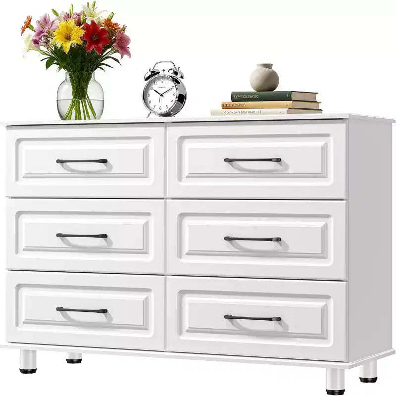 Sandinrayli White Dresser for Bedroom, 6 Drawer Dresser Wide Modern Nightstand Closet Wood Dressers with Steel Handles, White