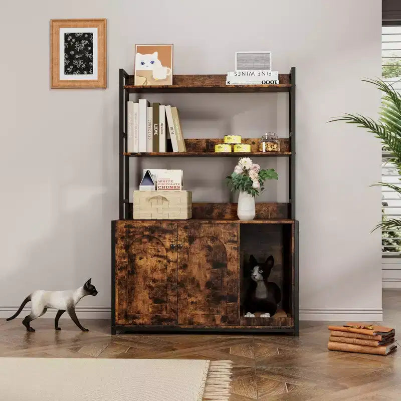 Meuble Cache-litière Grand COZONY avec Étagères et Portes, Meuble Cache-litière Chat 52, Cache-litière Dissimulé avec Griffoir