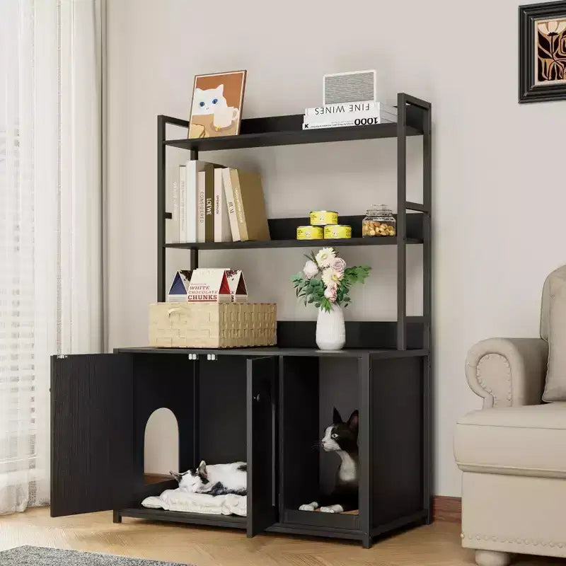 Meuble Cache-litière Grand COZONY avec Étagères et Portes, Meuble Cache-litière Chat 52, Cache-litière Dissimulé avec Griffoir