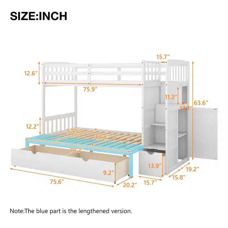 Lits superposés jumeaux avec escalier et tiroirs pour enfants, lits superposés en bois jumeaux avec escalier et armoire de rangement