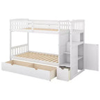 Lits superposés jumeaux avec escalier et tiroirs pour enfants, lits superposés en bois jumeaux avec escalier et armoire de rangement