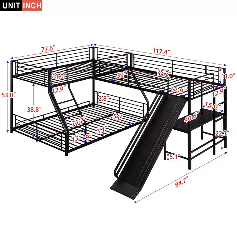 Lit superposé en métal (double au-dessus de grand), lit superposé en L pour 3 enfants, lit superposé triple robuste avec bureau et toboggan, noir