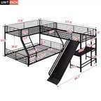Lit superposé en métal (double au-dessus de grand), lit superposé en L pour 3 enfants, lit superposé triple robuste avec bureau et toboggan, noir